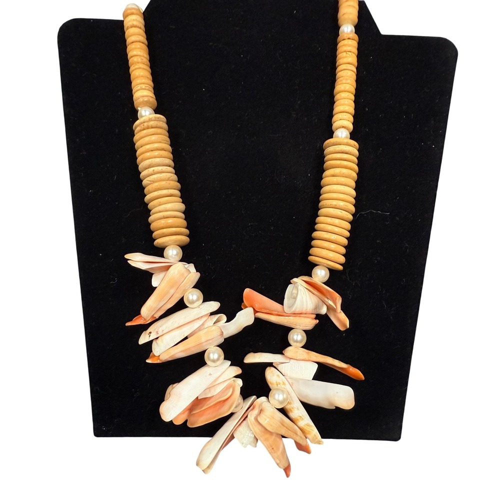 VTG Natural Seashell Wood Coral Bead Necklace Statement Beach Coastal‎ Jewelry